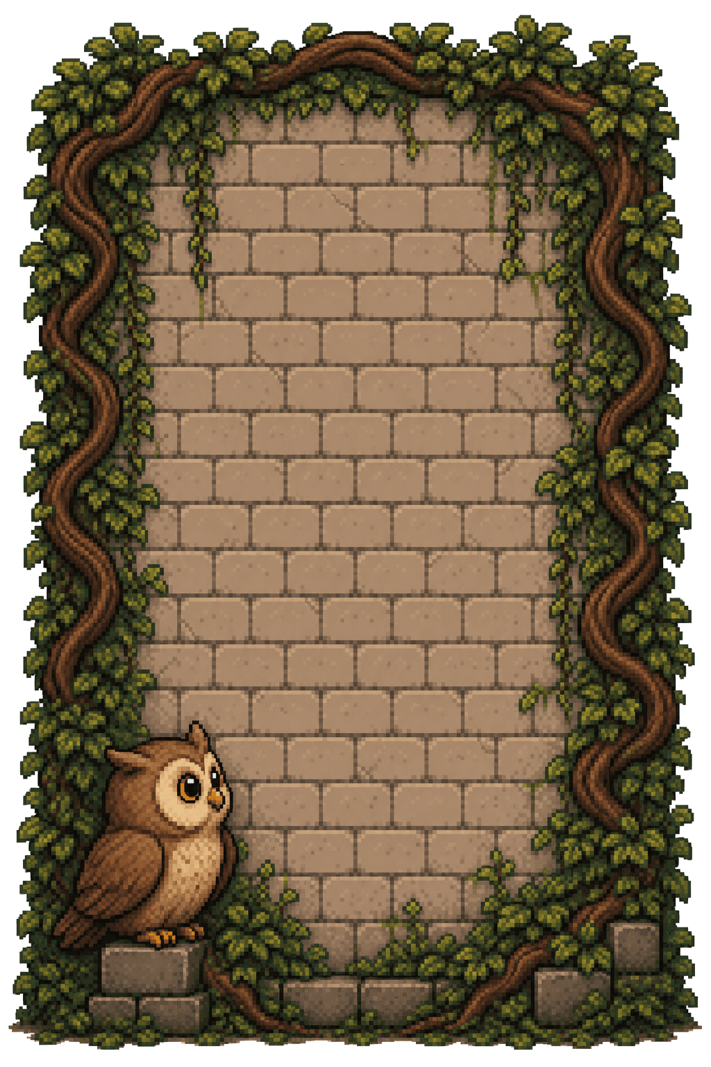 A pixel-art brick wall framed with vines, the ConvertOwl mascot resting at its base
