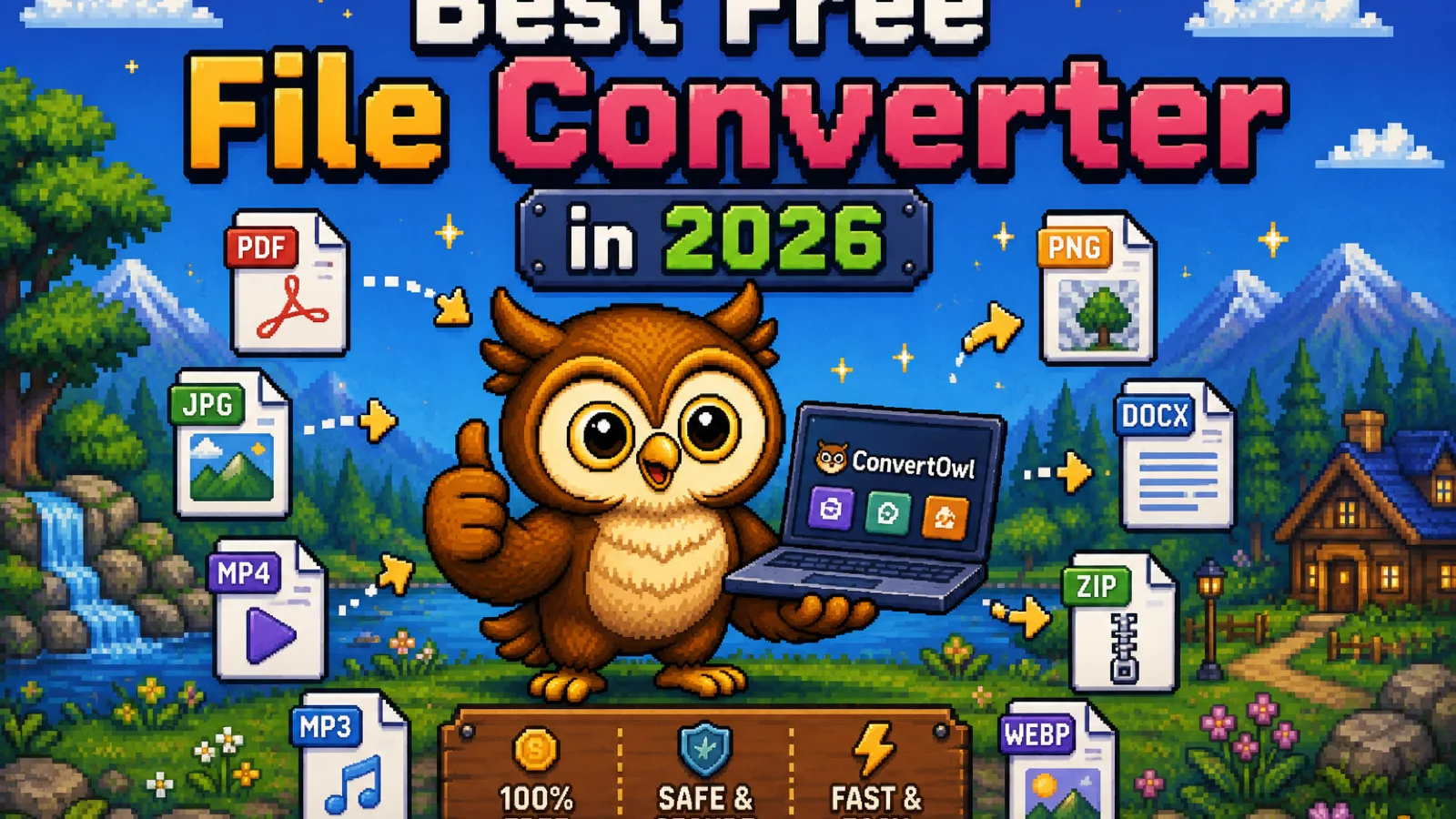 Pixel art ConvertOwl mascot giving a thumbs up next to a laptop, surrounded by PDF, JPG, MP4, MP3, PNG, DOCX, ZIP, and WEBP file icons