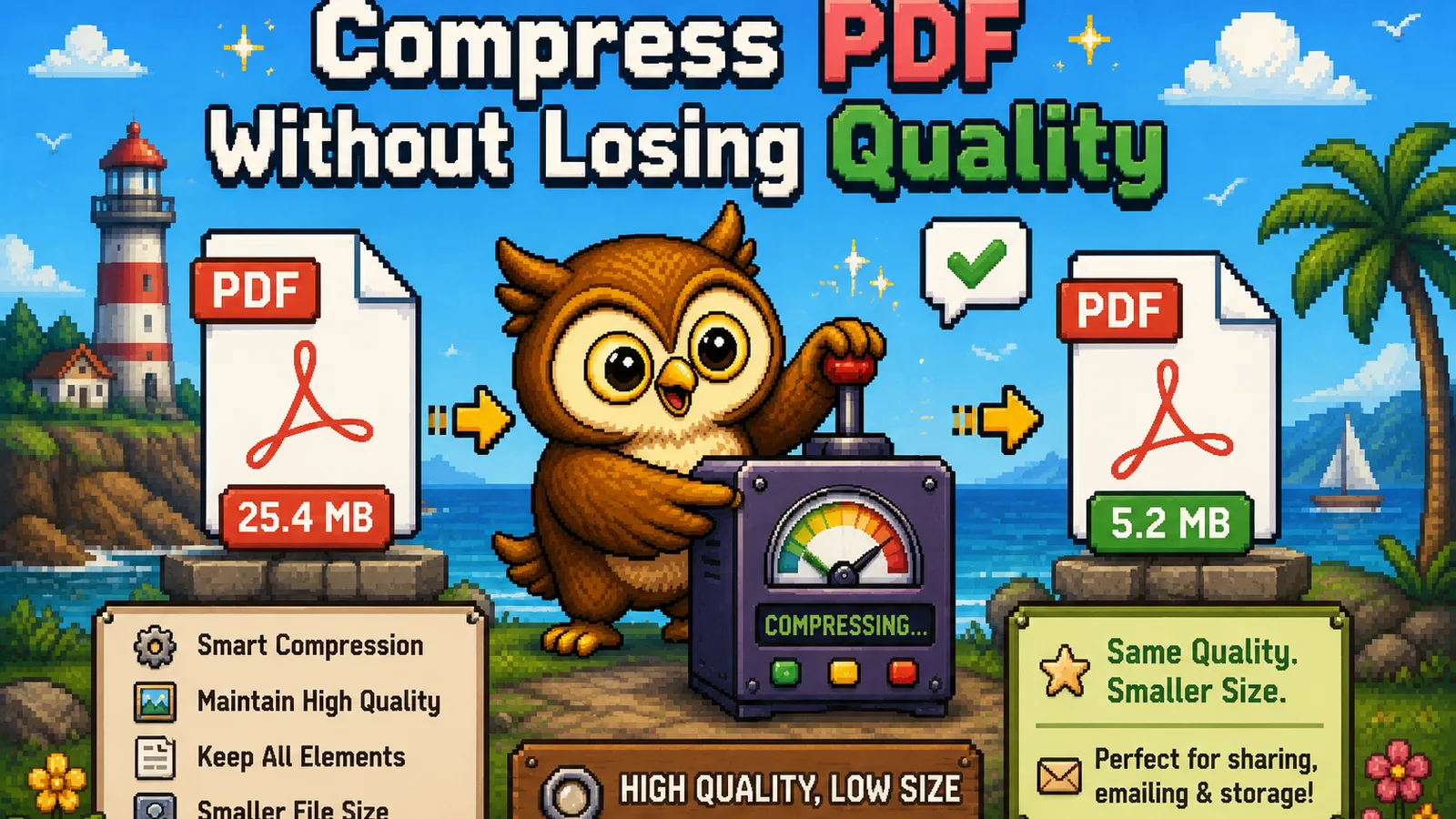 Pixel art owl operating a compression machine that shrinks a 25.4 MB PDF to 5.2 MB while a green banner reads Same Quality, Smaller Size