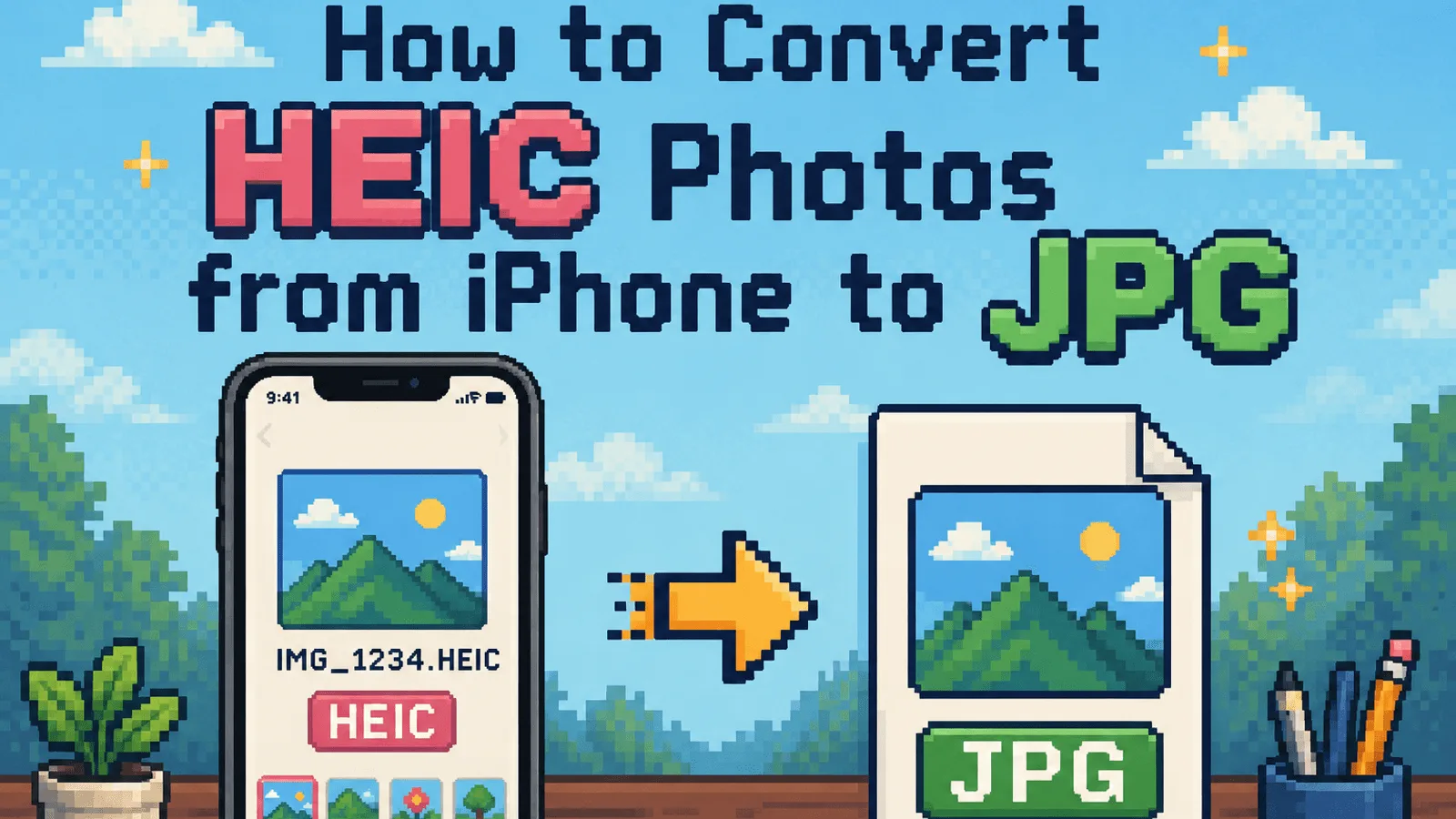Pixel art illustration of an iPhone photo named IMG_1234.HEIC being converted into a JPG file