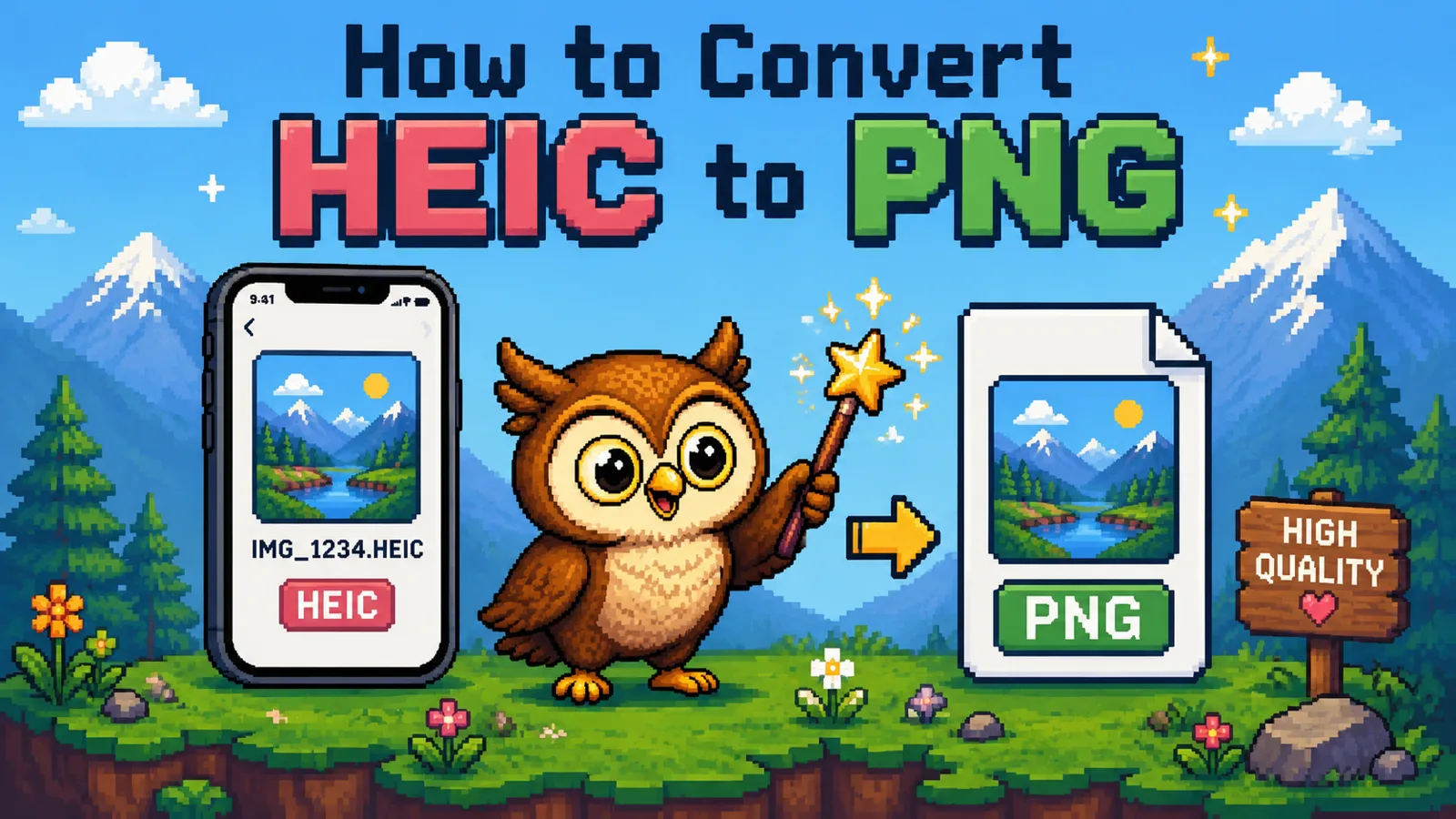 Pixel art scene of a HEIC file being converted into a PNG file