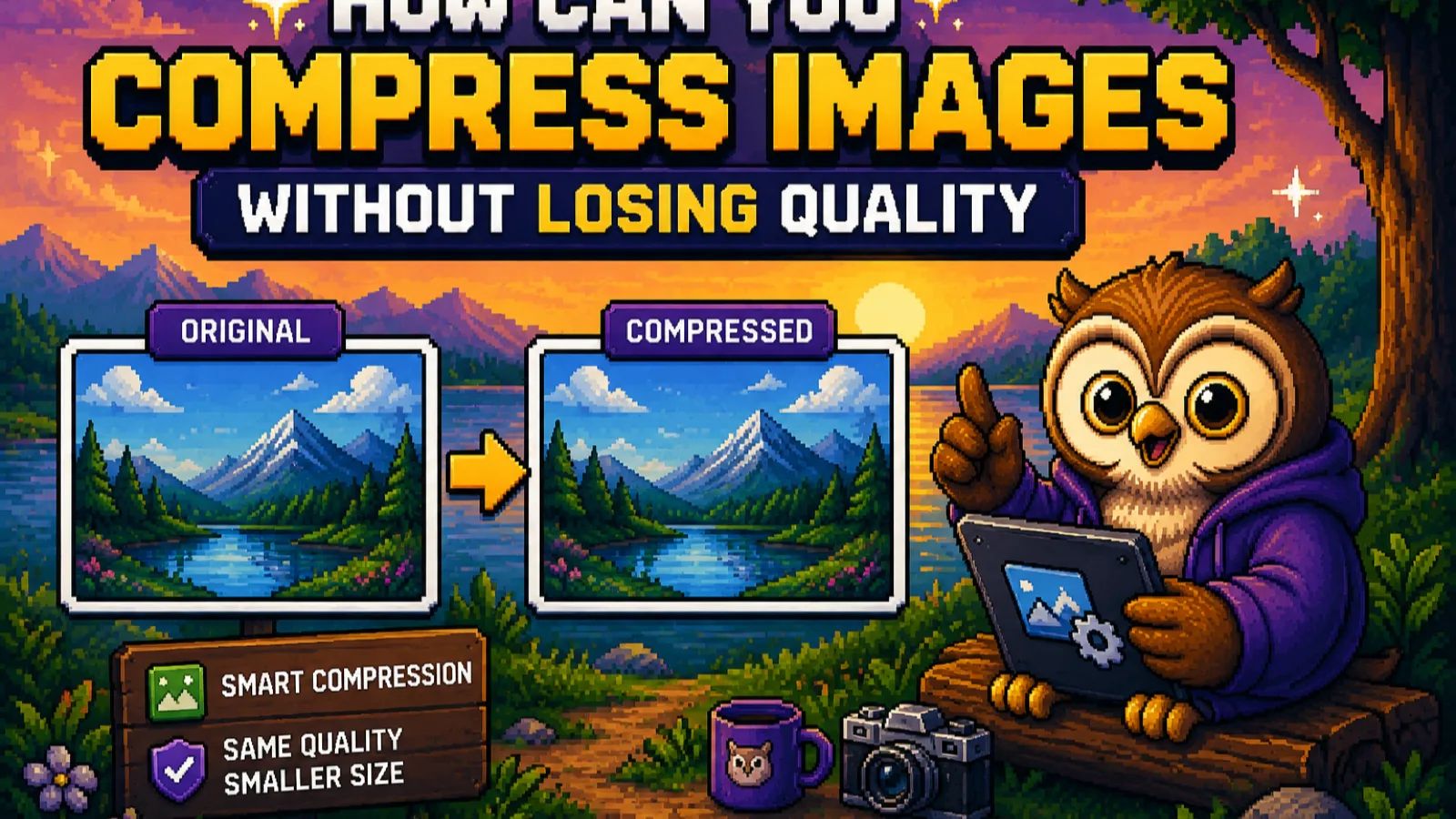 Pixel art owl operating a compression machine that shrinks a large photo file down to a smaller one while a green checkmark confirms the quality held up