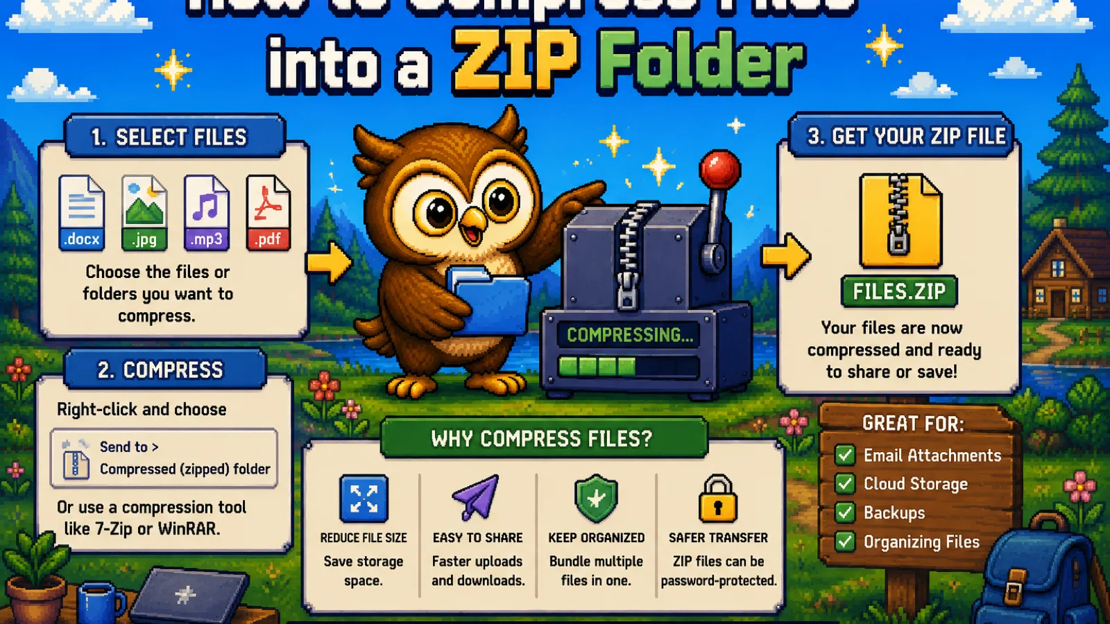 Pixel art owl packing files into a ZIP folder box on a conveyor belt