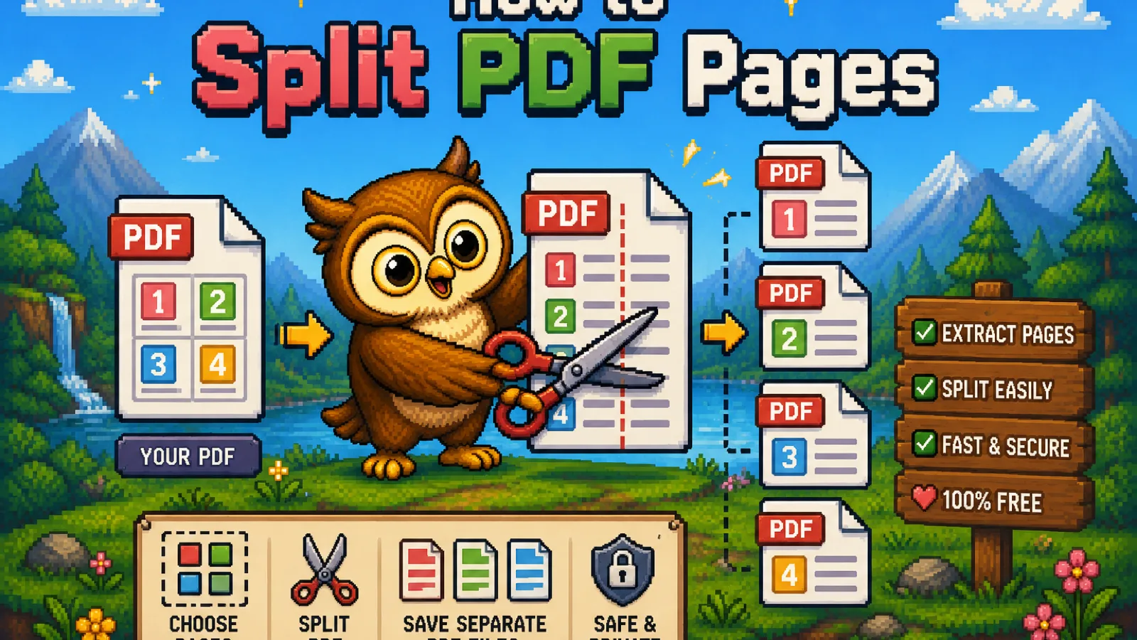 Pixel art owl cutting a stack of PDF pages apart with a pair of scissors