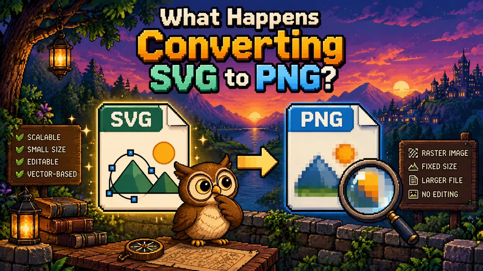 像素风猫头鹰端详 SVG 文件里的矢量山景,以及放大镜下 PNG 中像素化的副本