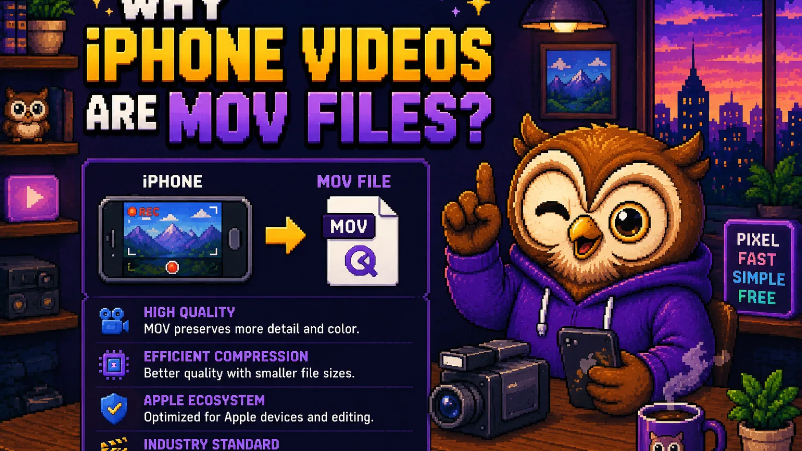Pixel art scene of an iPhone recording a video that gets labeled as a MOV file