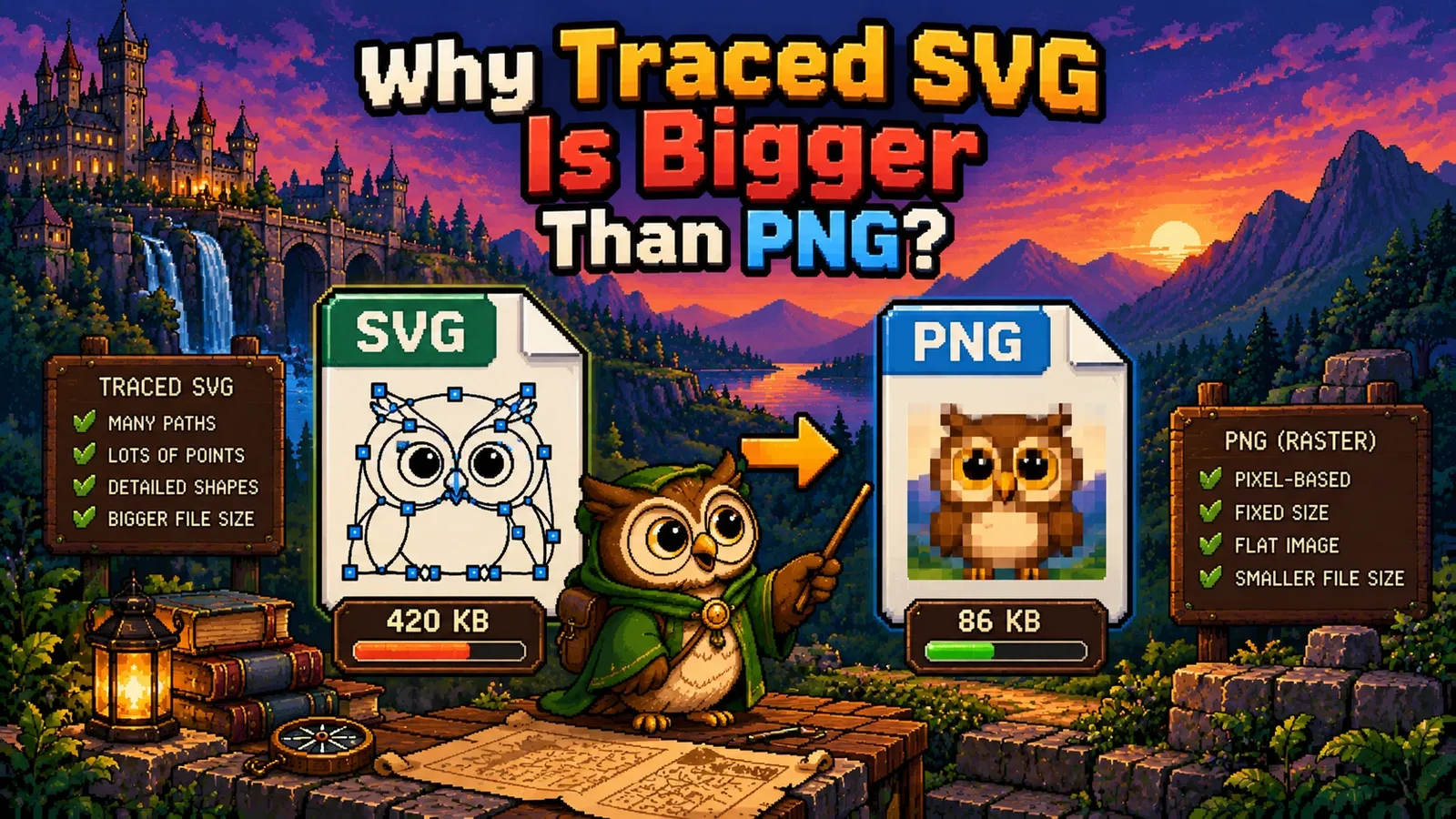像素风猫头鹰对比两张图:布满锚点的描摹 SVG 猫头鹰 420 KB,PNG 猫头鹰仅 86 KB